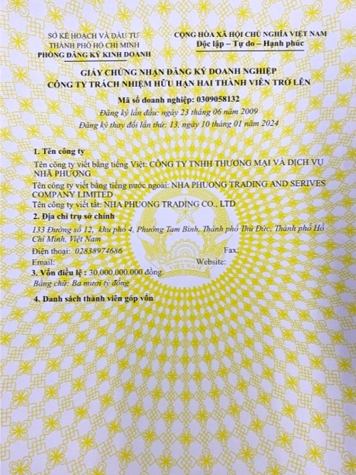 Giấy chứng nhận ĐKKD - MST 0309058132