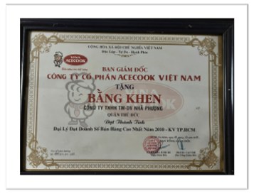 Acecook Việt Nam - Bằng khen đại lý doanh số cao nhất